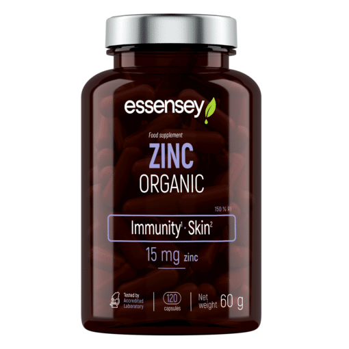 Mineraalikapslid TREC ESSENSEY ZINC ORGANIC sisaldavad 120 tumedat tooni kapslit läbipaistvas pruunis klaaspudelis, mille hõbedane kaas ja detailne etikett annavad professionaalse ilme.