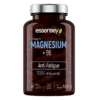 Tumepruun Magneesium TREC ESSENSEY MAGNESIUM + B6 90 kapsli pudel valge korgiga, millel on selgelt nähtav toitainete silt, asetatud neutraalsele ühtlasele taustale. Pudelis on 90 kapslit, mis sisaldavad magneesiumi ja vitamiini B6, et toetada energiataset ja vähendada väsimust.