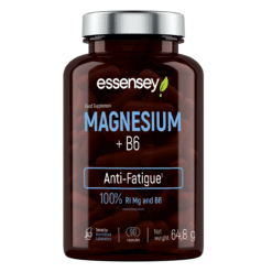 Tumepruun Magneesium TREC ESSENSEY MAGNESIUM + B6 90 kapsli pudel valge korgiga, millel on selgelt nähtav toitainete silt, asetatud neutraalsele ühtlasele taustale. Pudelis on 90 kapslit, mis sisaldavad magneesiumi ja vitamiini B6, et toetada energiataset ja vähendada väsimust.