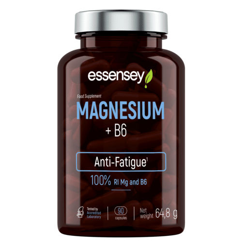 Tumepruun Magneesium TREC ESSENSEY MAGNESIUM + B6 90 kapsli pudel valge korgiga, millel on selgelt nähtav toitainete silt, asetatud neutraalsele ühtlasele taustale. Pudelis on 90 kapslit, mis sisaldavad magneesiumi ja vitamiini B6, et toetada energiataset ja vähendada väsimust.