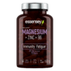 Tumedas purgis Magneesium TREC ESSENSEY MAGNESIUM+ZINC+B6 kapslid, millel on lilla ja roheline kiri puhta taustaga.