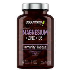 Tumedas purgis Magneesium TREC ESSENSEY MAGNESIUM+ZINC+B6 kapslid, millel on lilla ja roheline kiri puhta taustaga.