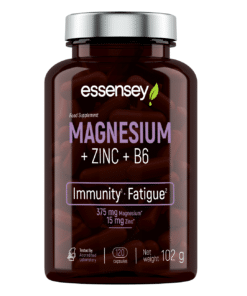 Tumedas purgis Magneesium TREC ESSENSEY MAGNESIUM+ZINC+B6 kapslid, millel on lilla ja roheline kiri puhta taustaga.