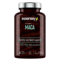Vitamiinikapslid TREC ESSENSEY MACA 90 kapslit pruuni läbipaistva purgi sees hõbedase kaanega, valgel taustal.