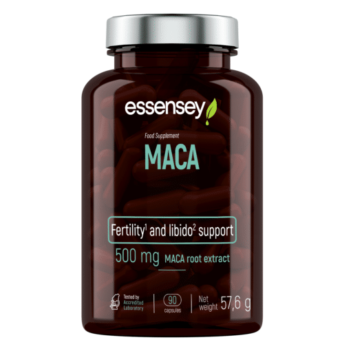 Vitamiinikapslid maca juure ekstraktiga, 90 tk | E-pood Tootemaailm Vitamiinikapslid TREC ESSENSEY MACA 90 kapslit pruuni läbipaistva purgi sees hõbedase kaanega, valgel taustal.