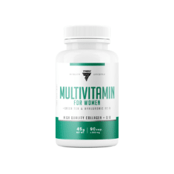 Valge pudel rohelise ja valge etiketiga, mis kujutab TREC Multivitamin for Women, 90 kapslit. Taust on puhas ja neutraalne, tuues esile toote selgelt ja fookuses.