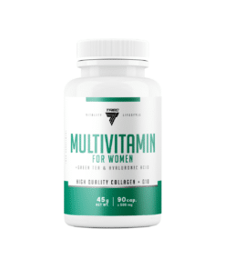 Valge pudel rohelise ja valge etiketiga, mis kujutab TREC Multivitamin for Women, 90 kapslit. Taust on puhas ja neutraalne, tuues esile toote selgelt ja fookuses.