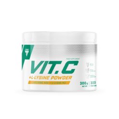 Vitamiinipulber TREC VIT. C + L-Lysine Powder 300g valges pakendis, mille esiküljel on rohelised ja oranžid kirjad ning graafika. Pakend on asetatud valgel taustal ja näitab toote kaalu ja portsjone.