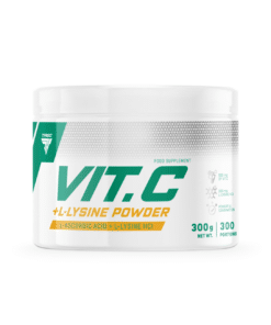 Vitamiinipulber TREC VIT. C + L-Lysine Powder 300g valges pakendis, mille esiküljel on rohelised ja oranžid kirjad ning graafika. Pakend on asetatud valgel taustal ja näitab toote kaalu ja portsjone.