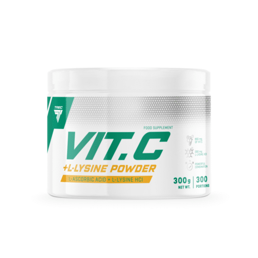 Vitamiinipulber TREC VIT. C + L-Lysine Powder 300g valges pakendis, mille esiküljel on rohelised ja oranžid kirjad ning graafika. Pakend on asetatud valgel taustal ja näitab toote kaalu ja portsjone.
