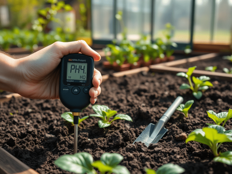 Käsi mõõdab peenras mulla pH-d väikese aiatesteriga