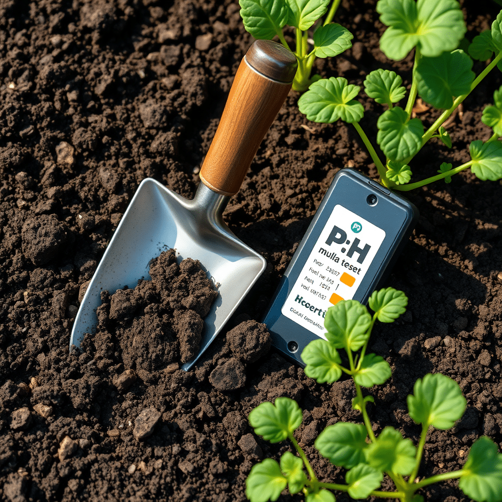 Mullaproov, aiakühvel ja pH mõõtmine peenra kõrval