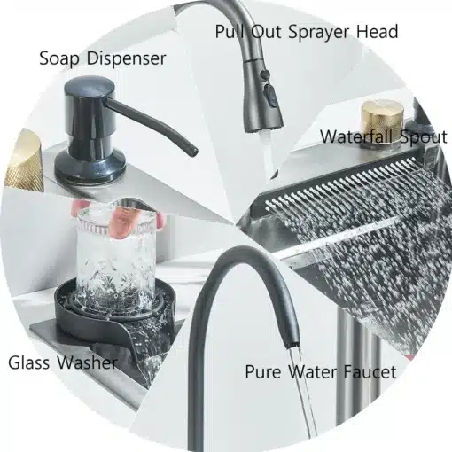 Köögivalamu roostevaba teras, koos kraanikomplektiga | E-pood Tootemaailm Köögivalamu roostevaba teras, koos kraanikomplektiga, millel on unikaalsed omadused: väljatõmmatav pihustipea, veetilkade efektiga vooluava, seebidosaator, klaasipesur ja puhta vee kraan. Valamu paistab kirkas valguses oma mitmekülgsete funktsioonidega halli tausta ees.