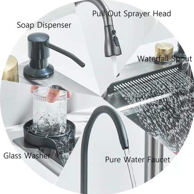 Mitme funktsiooniga köögivalamu roostevaba teras, koos kraanikomplektiga, sisaldades seebidosaatorit, väljatõmmatavat pritsimispead, klaasipesurit, juga kraanikaussi ja puhast veekraani. Valamu on minimalistlik ja kaasaegne, sobides ideaalselt igasse kööki.