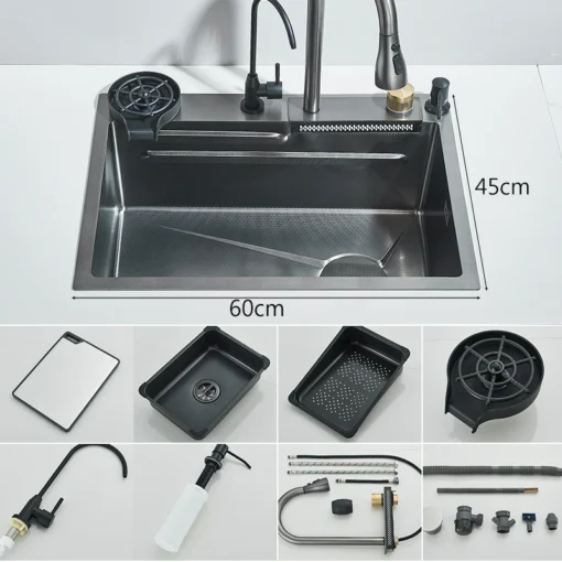 Köögivalamu roostevaba teras, koos kraanikomplektiga | E-pood Tootemaailm Köögivalamu roostevaba terasest, koos kraanikomplektiga. Valamu on mõõtmetega 60x45 cm, hõbedast värvi, paigaldatud siledale köögipinnale, koos mitme lisatarvikuga nagu lõikelaud ja kuivatusrest.