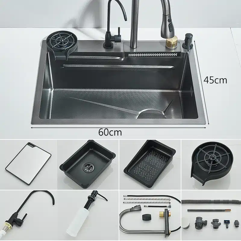 Pilt näitab köögivalamut, mis on valmistatud roostevabast terasest ja sisaldab kraanikomplekti. Taust on minimalistlik ning hõlmab valamut, erinevaid lisatarvikuid ja mõõte. Valamu pind on läikiv ja stiilne, sobides kaasaegsesse kööki.