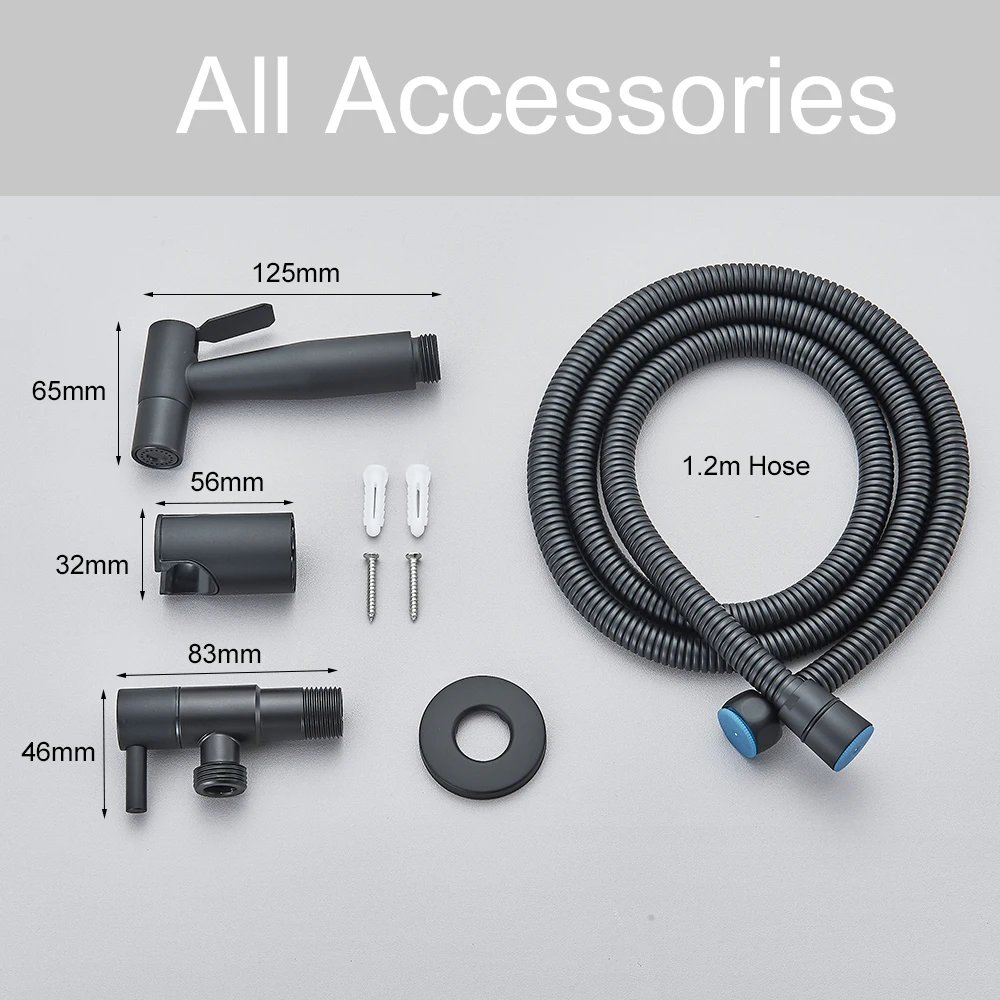 Seinale kinnitatav terasest käimla bidet pihusti musta värvi, millel on 1.2m voolik ja kinnitusdetailid.