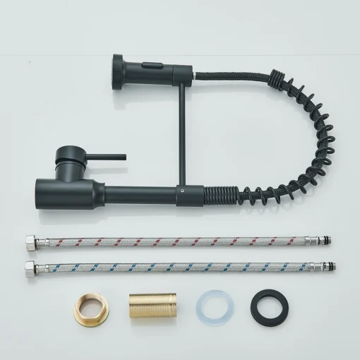 Köögisegisti ühe käepidemega must MY204 | E-pood Tootemaailm Must ühe käepidemega köögisegisti MY204, millel on roostevabast terasest painduv voolik, nupust reguleeritav veevoolik ning lisatarvikud paigaldamiseks. Segisti on asetatud heledale taustale, mis toob esile toote modernse disaini ja materjalid.