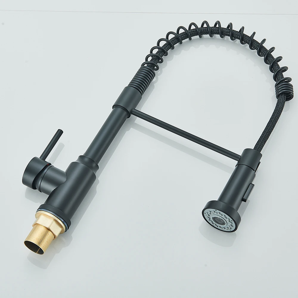 Elegantne ühe käepidemega must köögisegisti MY204 metallist ja plastist elementidega heledal taustal.