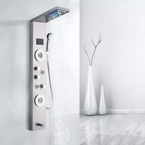 LED dušipaneel veefall, digitaalne ekraan, SPA massaaž | E-pood Tootemaailm Moodne LED dušipaneel veefall, digitaalne ekraan ja SPA massaaž funktsioonidega. Roostevabast terasest korpus valgel plaaditud vannitoa seinal veega kaskaadina langev.