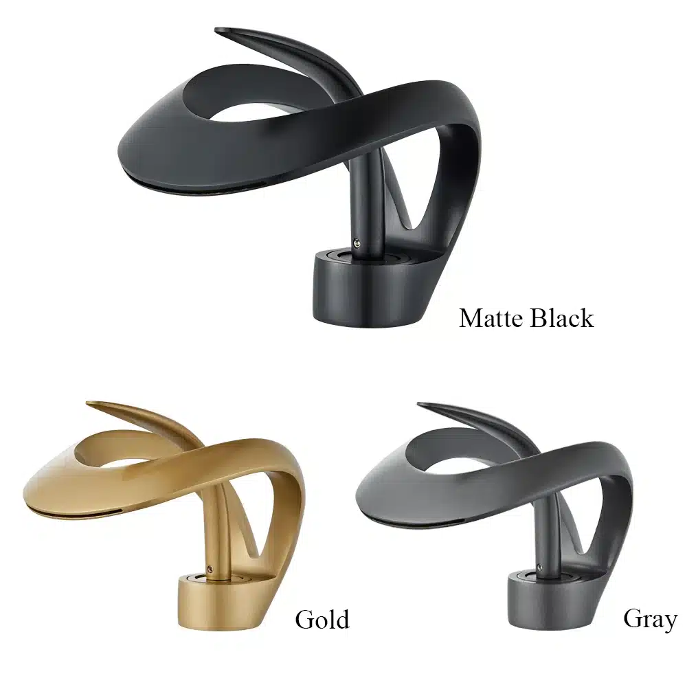 Kolm vannitoa segistit, sealhulgas kuldne luksuslik disain, mis tagab kuuma ja külma vee, elegantsete ja kaasaegsete joontena mustas, hallis ja kuldses värvitoonis.