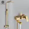 Duššisegisti seinale, vihmadušš ja käsidušš komplekt | E-pood Tootemaailm Kuldses viimistluses seinale kinnitatav duššisegisti, mis sisaldab vihmadušši ja käsidušši komplekti. Taustal neutraalne, hele sein, mis toob esile toote luksusliku disaini ja modernse stiili.