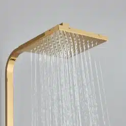Elegantne kuldse värviga vihmadušš, mis kinnitatakse seinale, pakub luksuslikku ja ühtlast veevoolu. Seal on näha ka veetilkasid, mis loovad spaa-sarnase kogemuse hallil taustal.