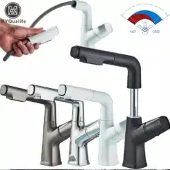 Köögisegisti reguleeritava väljatõmmatava otsikuga, hõbedases ja mustas värvitoonis. Segisti on disainitud modernsesse kööki ja pildi taust on valge, tuues esile toote elegantse väljanägemise.