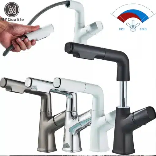 Köögisegisti reguleeritava väljatõmmatava otsikuga | E-pood Tootemaailm Köögisegisti reguleeritava väljatõmmatava otsikuga, hõbedases ja mustas värvitoonis. Segisti on disainitud modernsesse kööki ja pildi taust on valge, tuues esile toote elegantse väljanägemise.