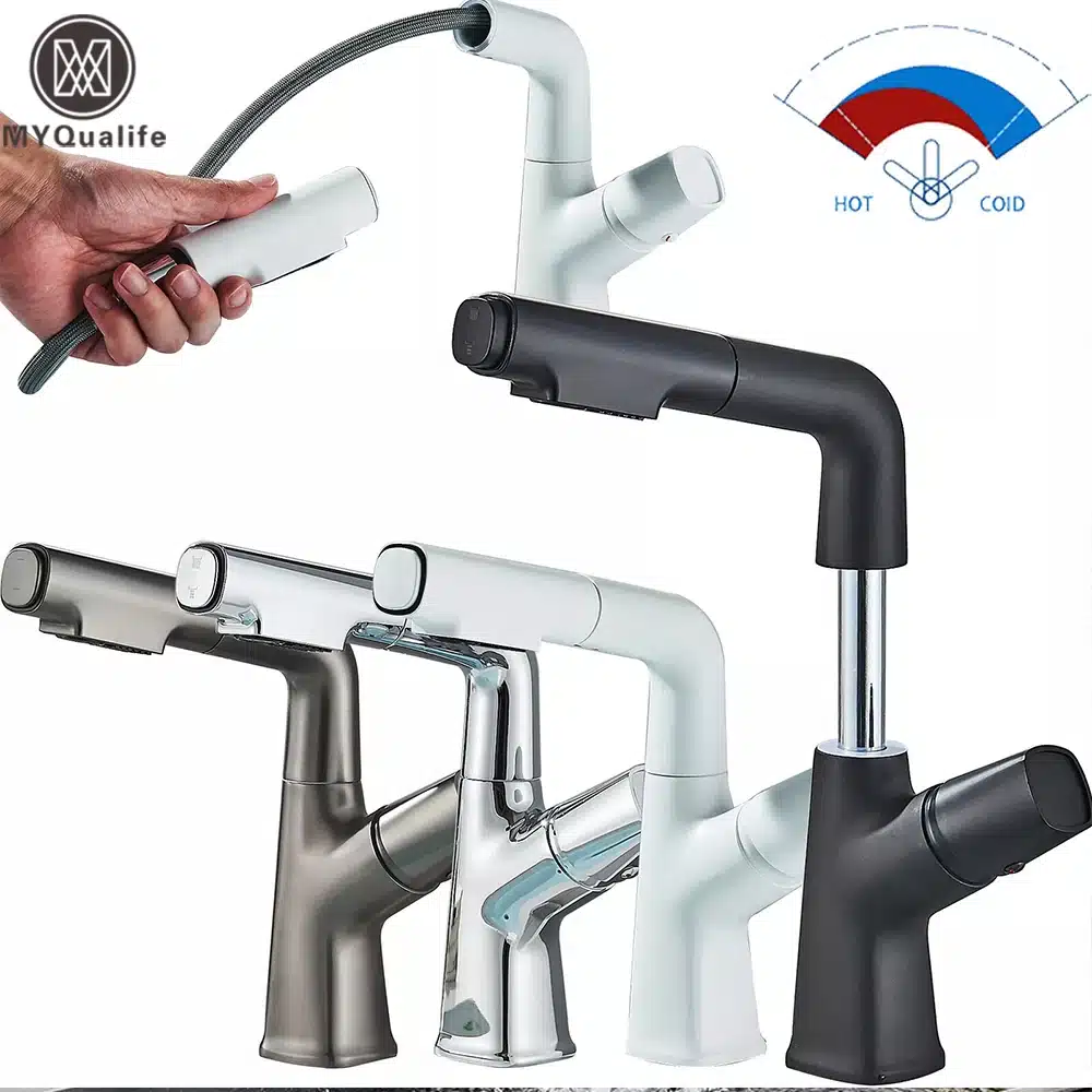 Köögisegisti reguleeritava väljatõmmatava otsikuga, näidatud erinevates värvides, sealhulgas must, valge ja hõbedane, kaasaegne disain kroomitud viimistlusega, üks segisti otsik väljatõmmatud ja hoitakse käes, taustal näha kuuma ja külma vee temperatuurinäidikud.