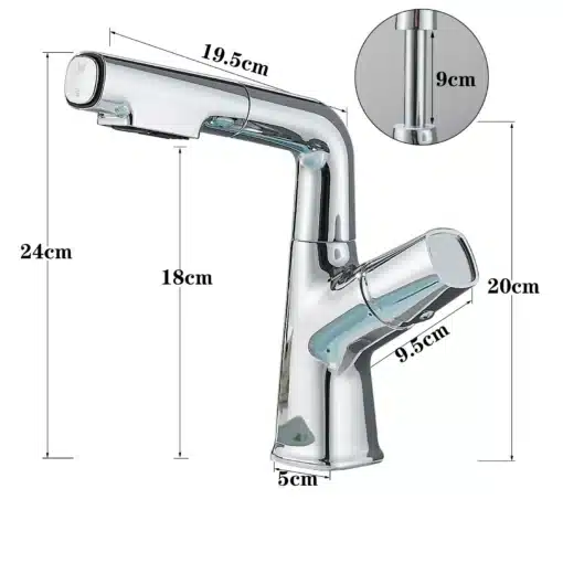 Köögisegisti reguleeritava väljatõmmatava otsikuga | E-pood Tootemaailm Kroomitud köögisegisti reguleeritava väljatõmmatava otsikuga, hõbedane värv ning siledad jooned valgel taustal koos mõõtudega.