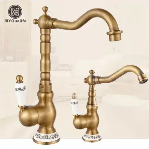 Retro stiilis segisti sinise portselaniga | E-pood Tootemaailm Retro stiilis segisti sinise portselaniga, millel on elegantne pronksist pind ja kunstipärased detailid. Segisti paistab silma oma klassikalise disainiga, sobitudes nii kööki kui vannituppa, õrnal beežil taustal.