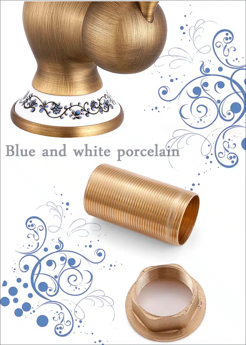 Retro stiilis segisti keskendub kuldse tooniga metallkorpusele, mille alusel on sinise portselaniga valged ornamendid. Taustal on elegantsed sinised keerised ja detailid.