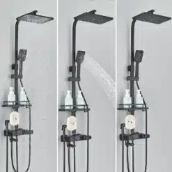 Messingist dušisegisti termostaadi ja LED displeiga. Kaasas mustad dušivoolikud, käsidušš, vihmaduši pea ning integreeritud riiul, millel on šampoonipudelid. Taustal hele sein.