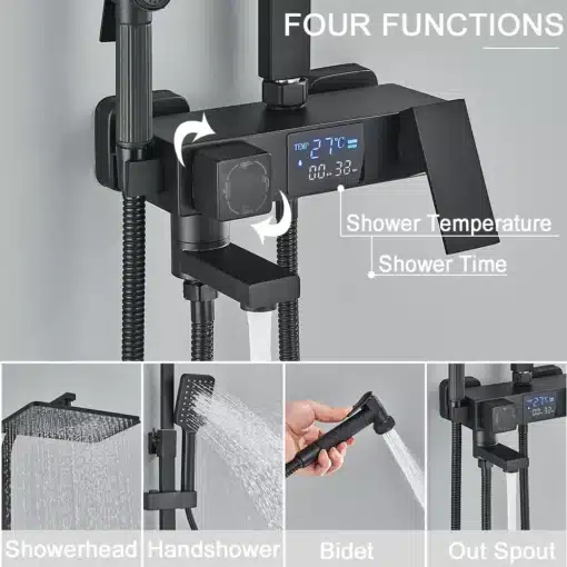 Messing dušisegisti termostaadi ja led displeiga | E-pood Tootemaailm Must messingist dušisegisti koos termostaadi ja sinise led displayga, mis näitab veetemperatuuri ja aega. Segisti on monteeritud hallile seinale ja sellel on neli veevoolu funktsiooni, sealhulgas vihmadušš, käsidušš ja voolikuotsik.