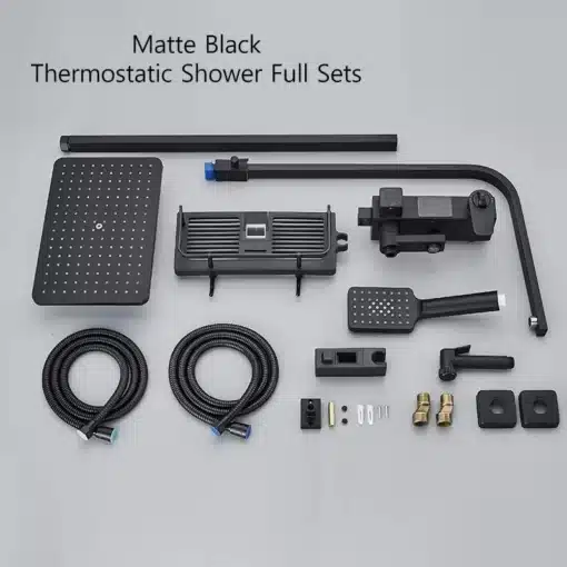 Messing dušisegisti termostaadi ja led displeiga | E-pood Tootemaailm Kaasaegne must messing dušisegisti komplekt termostaadi ja LED displei funktsiooniga hallil taustal. Komplekt sisaldab erinevaid komponente, sealhulgas dušipea, voolikud ja kinnitused.