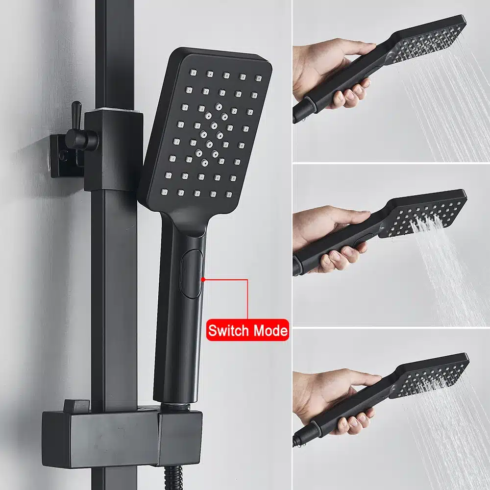 Messingist dušisegisti termostaadi ja LED displeiga, musta viimistlusega, reguleeritav mitme veevoolu režiimiga käepide, paigaldatud dušiseina külge valgel taustal.