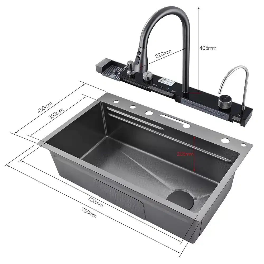 Köögivalamu 304 roostevabast terasest, suur integreeritud kraaniga, halli viimistlusega ning täpsete mõõtmete ja funktsioonidega, sobib ideaalselt kaasaegsesse kööki.