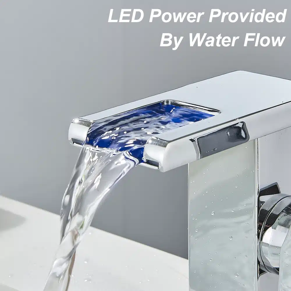 Elegantselt disainitud vannitoa kraan, mille voolu juhib LED-valgustusega vee vool, kroomitud viimistlusega ja kaasaegse kujundusega.
