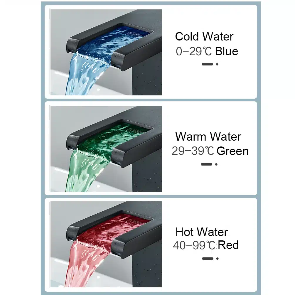 Kolm erikujundusega vannitoa kraani, mis LED-valgustuse abil muudavad vett voolates värvi vastavalt temperatuurile: sinine külma vee puhul, roheline sooja ja punane kuuma vee puhul. Kraanid asetatud neutraalsel taustal, tuues esile nende modernse välimuse ja funktsionaalsuse.