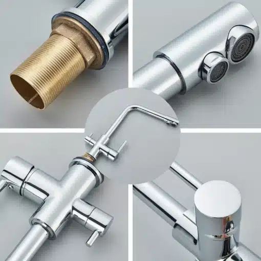 Köögisegisti kahe käepidemega, kuum ja külm vesi, filtriga | E-pood Tootemaailm Köögisegisti kahe käepidemega, kuum ja külm vesi, filtriga. Segisti läikiv hõbedane viimistlus detailides, messingist ühendused, koos näha ka voolikuotsik. Minimalistlik ja kaasaegne disain hallil taustal.