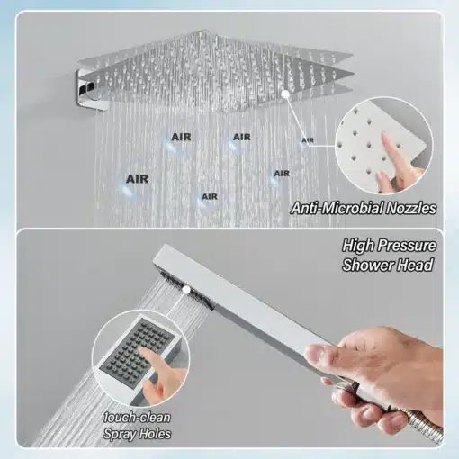 Dušisegisti komplekt 2/3 viisi vihmavee pea messingist 8-16" | E-pood Tootemaailm Dušisegisti komplekt 2/3 viisi vihmavee pea messingist 8-16" näitab võimsat veevoolu kroomitud metallist täpselt kontrollitud düüside abil. Ülemine vihmavee pea tagab laia veevoolu, samal ajal kui käsidušš pakub suunatud voolu. Seinakinnitused ja voolikud on viimistletud vastupidava materjaliga, sobitudes kaasaegsesse vannituppa.