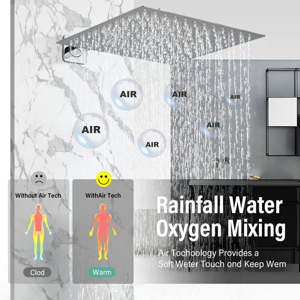 Dušisegisti komplekt 2/3 viisi vihmavee pea messingist 8-16" on paigaldatud luksuslikku vannituppa, millel on hele marmorist seinad. Pildil on esitatud segisti vihmaefekti tehnoloogia, kus õhumullid segunevad veega, et pakkuda pehmemat veepuudutust.