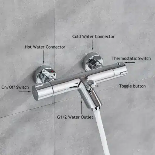 Termostaatiline dušisegisti vannituppa kombineeritud kraaniga | E-pood Tootemaailm Stiilne termostaatiline dušisegisti vannituppa kombineeritud kraaniga, hõbedane metall, paigaldatud hallidele keraamilistele plaatidele.