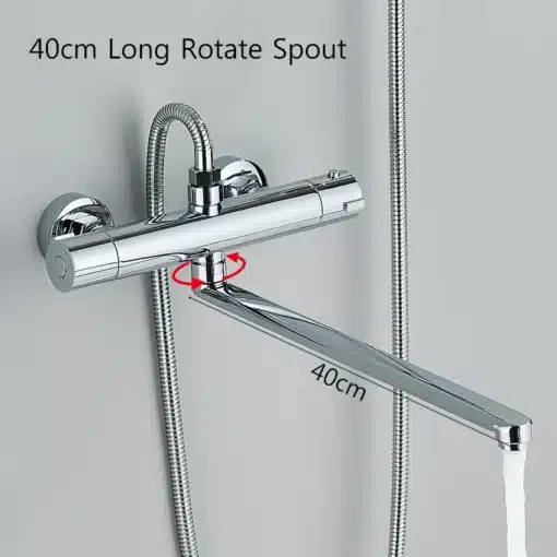 Termostaatiline dušisegisti vannituppa kombineeritud kraaniga | E-pood Tootemaailm Termostaatiline dušisegisti vannituppa kombineeritud kraaniga, roostevabast terasest, pikk pööratav tila, hall taust.