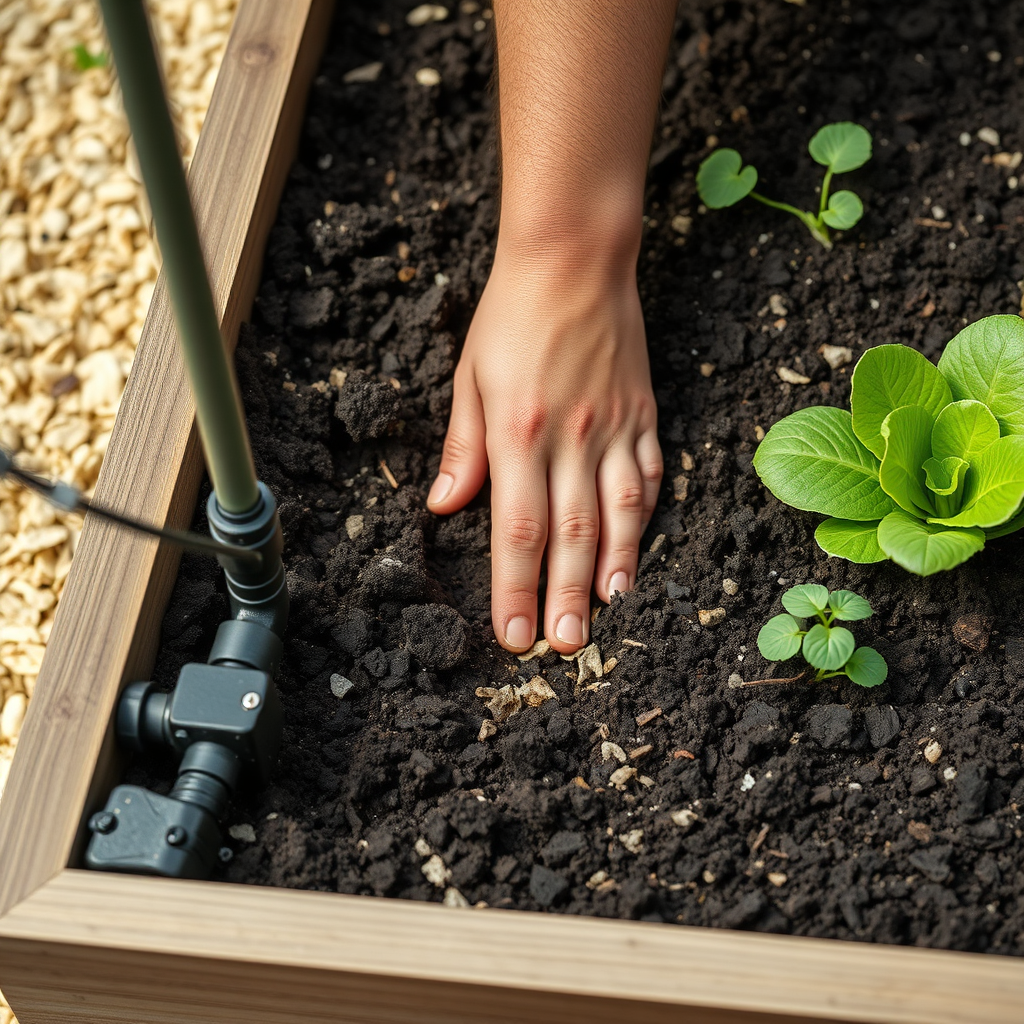 Käsi kontrollib tõstpeenra mulla niiskust