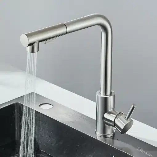 Köögivalamu kraan kõrge rõhuga roostevabast terasest, kuum ja külm vesi | E-pood Tootemaailm Köögivalamu kraan, valmistatud roostevabast terasest, valgustab minimalistlikku kööki. Kaasaegne disain, metallhõbedane värv ja kõrge rõhuga vee voog kuuma ja külma vee jaoks.