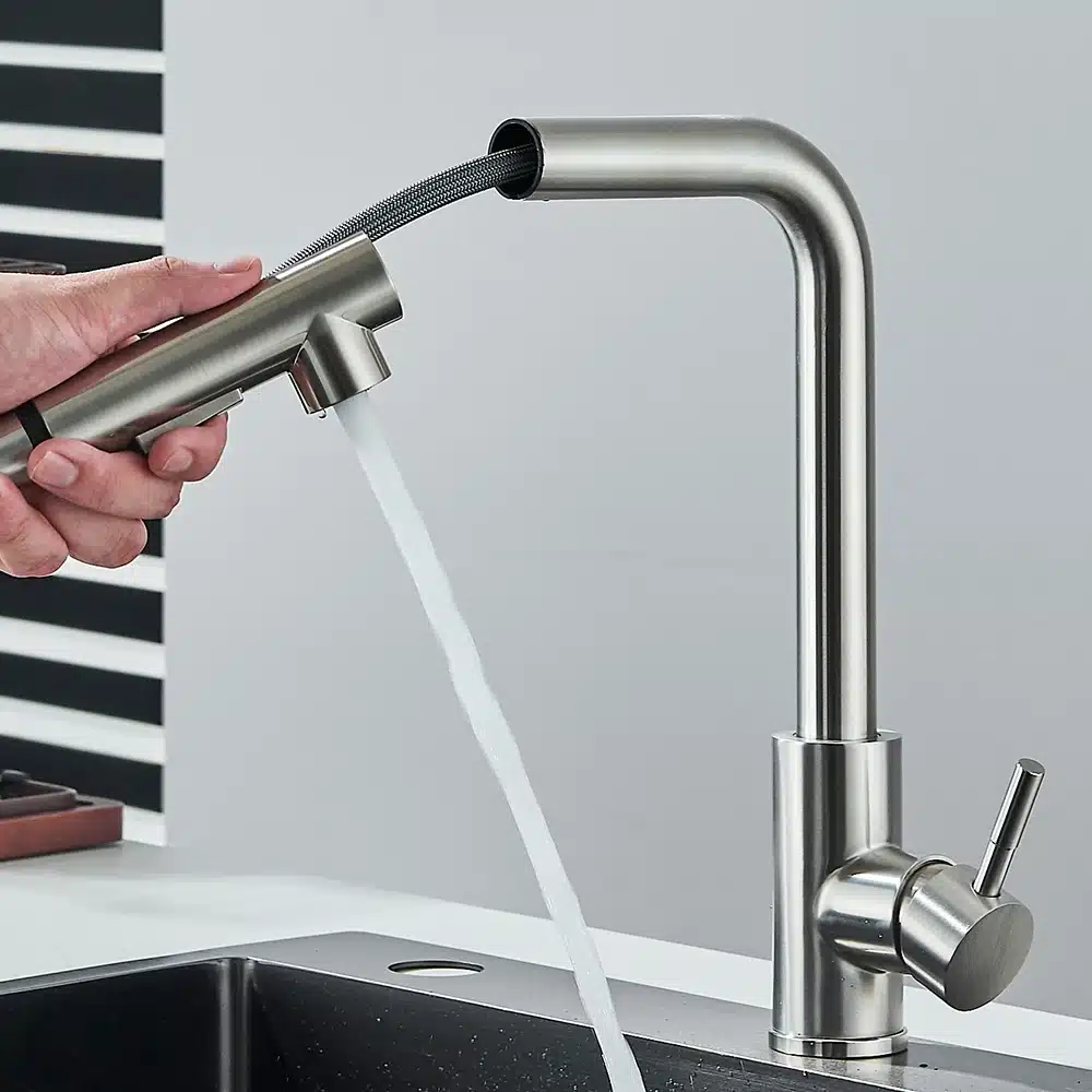 Köögivalamu kraan kõrge rõhuga roostevabast terasest, kuum ja külm vesi | kujundav pilt e-kaubamaja pildikogust