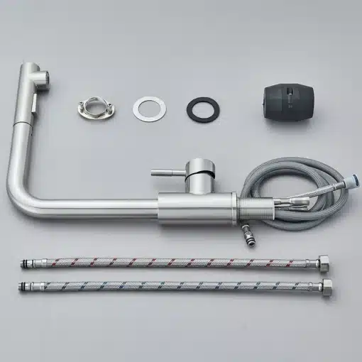 Köögivalamu kraan kõrge rõhuga roostevabast terasest, kuum ja külm vesi | E-pood Tootemaailm Köögivalamu kraan kõrge rõhuga roostevabast terasest, kuum ja külm vesi, sisaldades paigalduskomponente nagu kaks ühendusvoolikut ja tihendid hallil taustal.