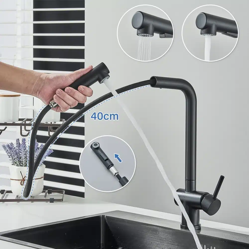 Köögivalamu kraan kõrge rõhuga roostevabast terasest, kuum ja külm vesi | kujundav pilt e-kaubamaja pildikogust